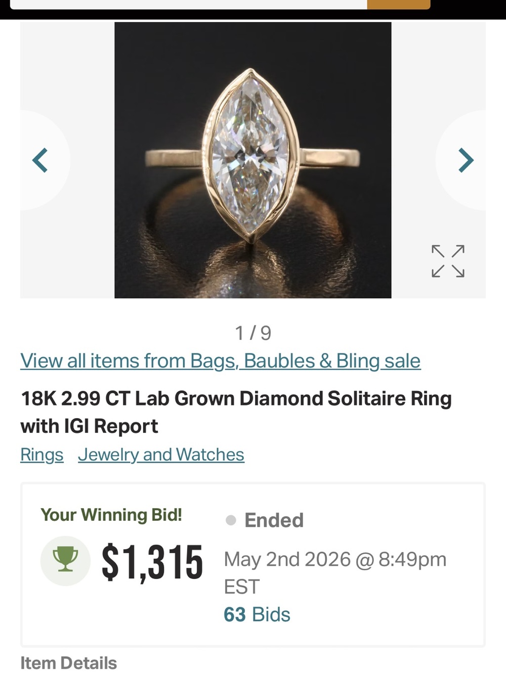 18K Gold Lab-Grown Marquise Diamond Solitaire Ring